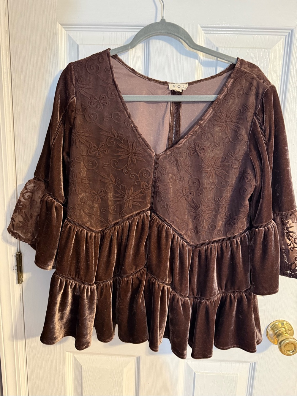 POL Brown Velvet Tiered V-Neck Tunic with Embroidered Sleeves